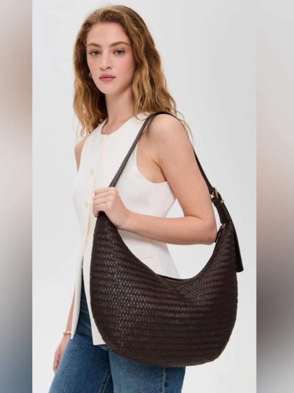 Madewell Essential Curve Brown Weave Leather Purse Like New Crescent Hobo Bag